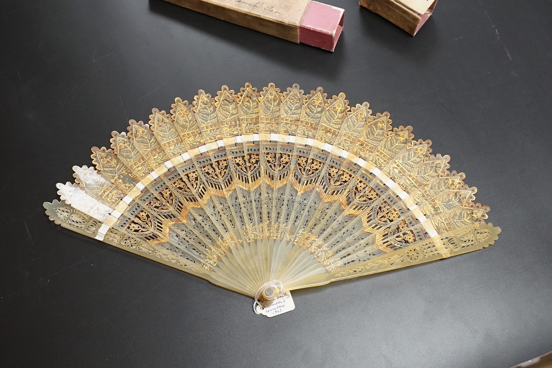 A group of 19th century fans to include a blonde tortoiseshell brisé fan, gilt decorated with sequins and a floral hand painted with figures with sequins decoration, some boxed, tortoiseshell fan 19cm high largest 36cm h